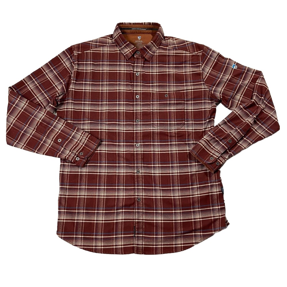 Kuhl Flannel Long Sleeve Button Up Maroon Plaid Outdoor Hiking Men's L Gorpcore